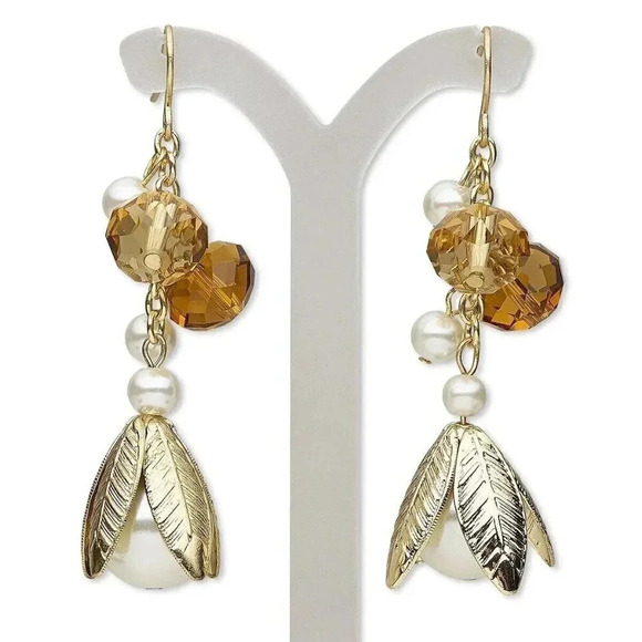 Amber Orange Faceted Czech Crystal White Faux Pearl Gold Leaves Dangle Earrings - Picture 1 of 2